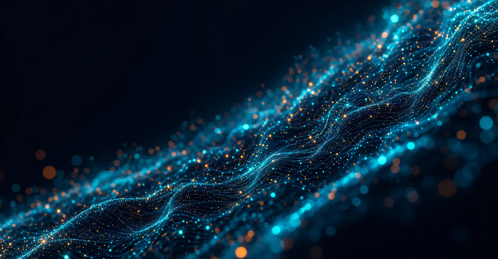 A diagonal teal data-stream cutting across a deep navy field with orange sparks — abstract AUQUAL brand backdrop behind the LLM SEO headline